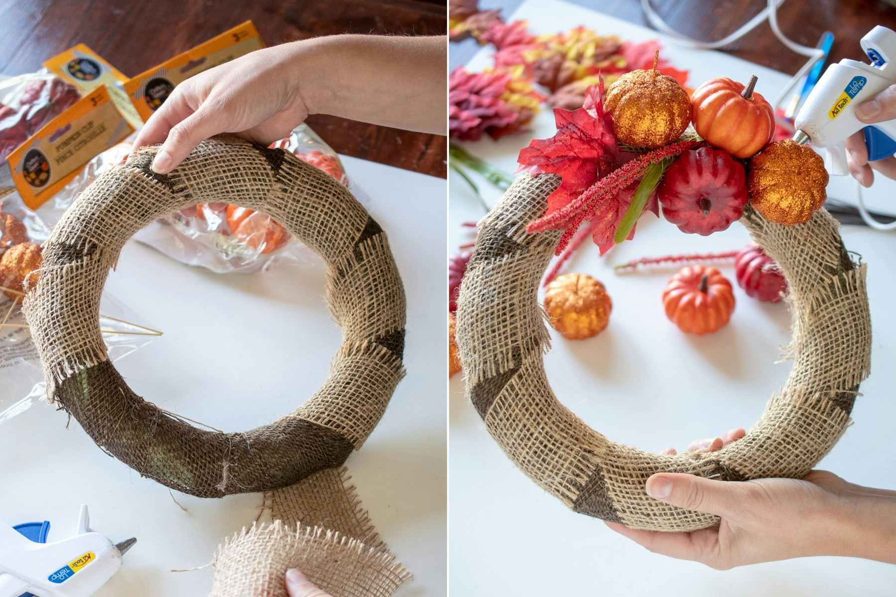A person using supplies from the dollar tree to make a fall wreath.