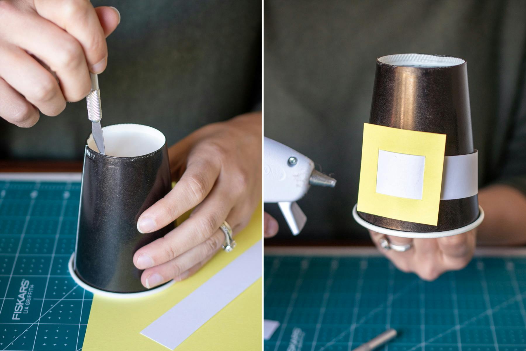 A person using a craft knife and glue gun to turn a paper cup into a crayon holder for thanksgiving.