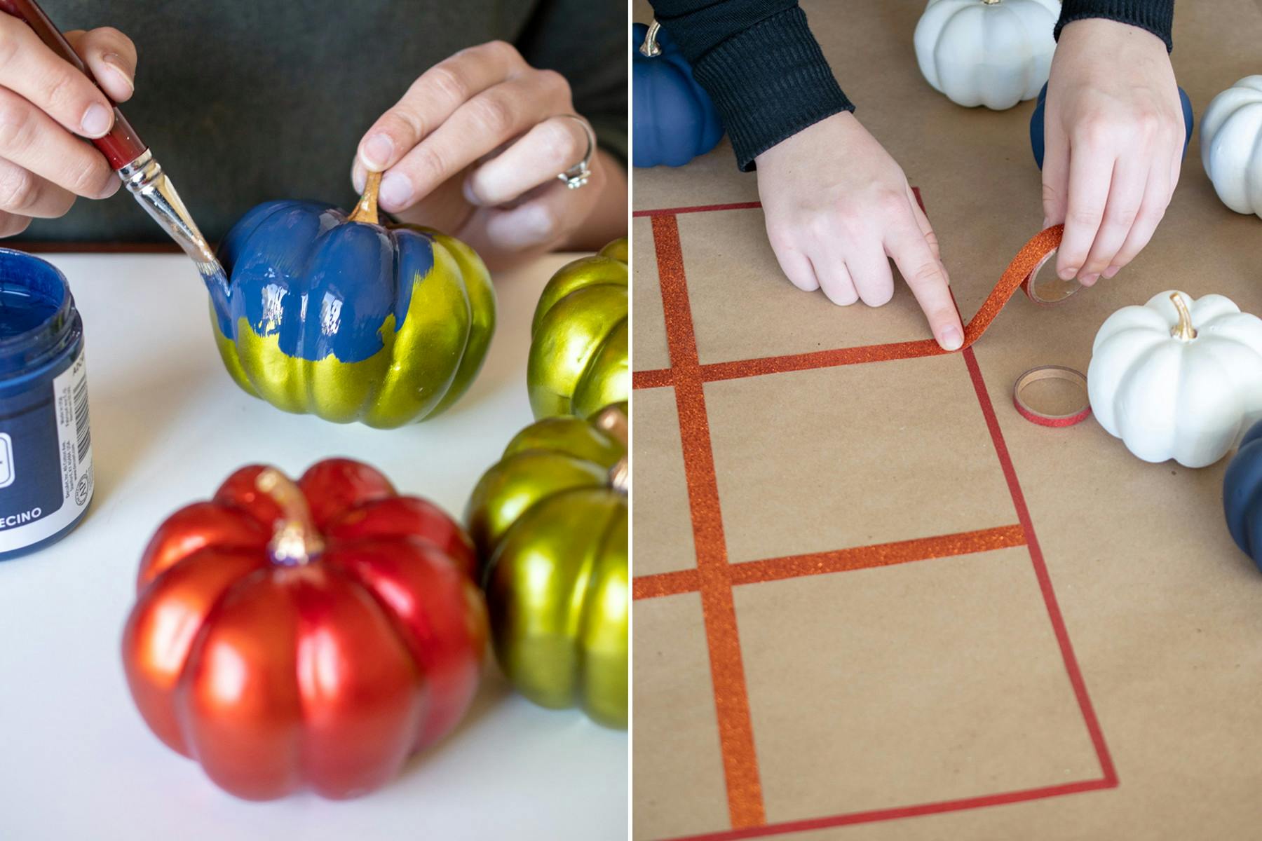 A person painting artificial pumpkins with chalk paint and using washi tape to make a tic-tac-toe board. 