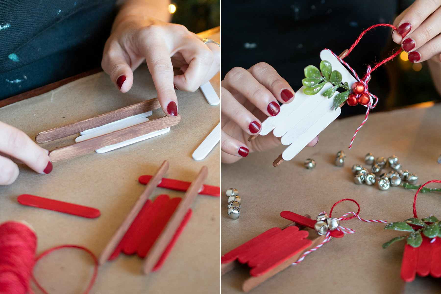 someone gluing popsicle sticks together and a sled ornament
