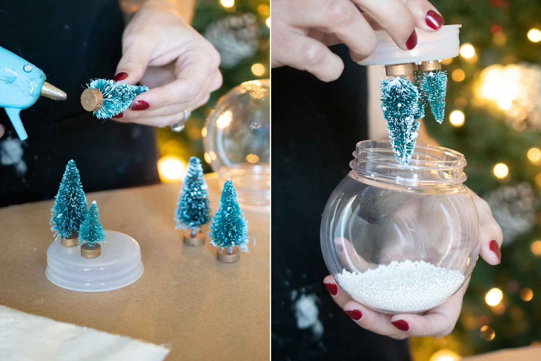 someone putting hot glue on the bottom of fake trees and putting them in a glass globe