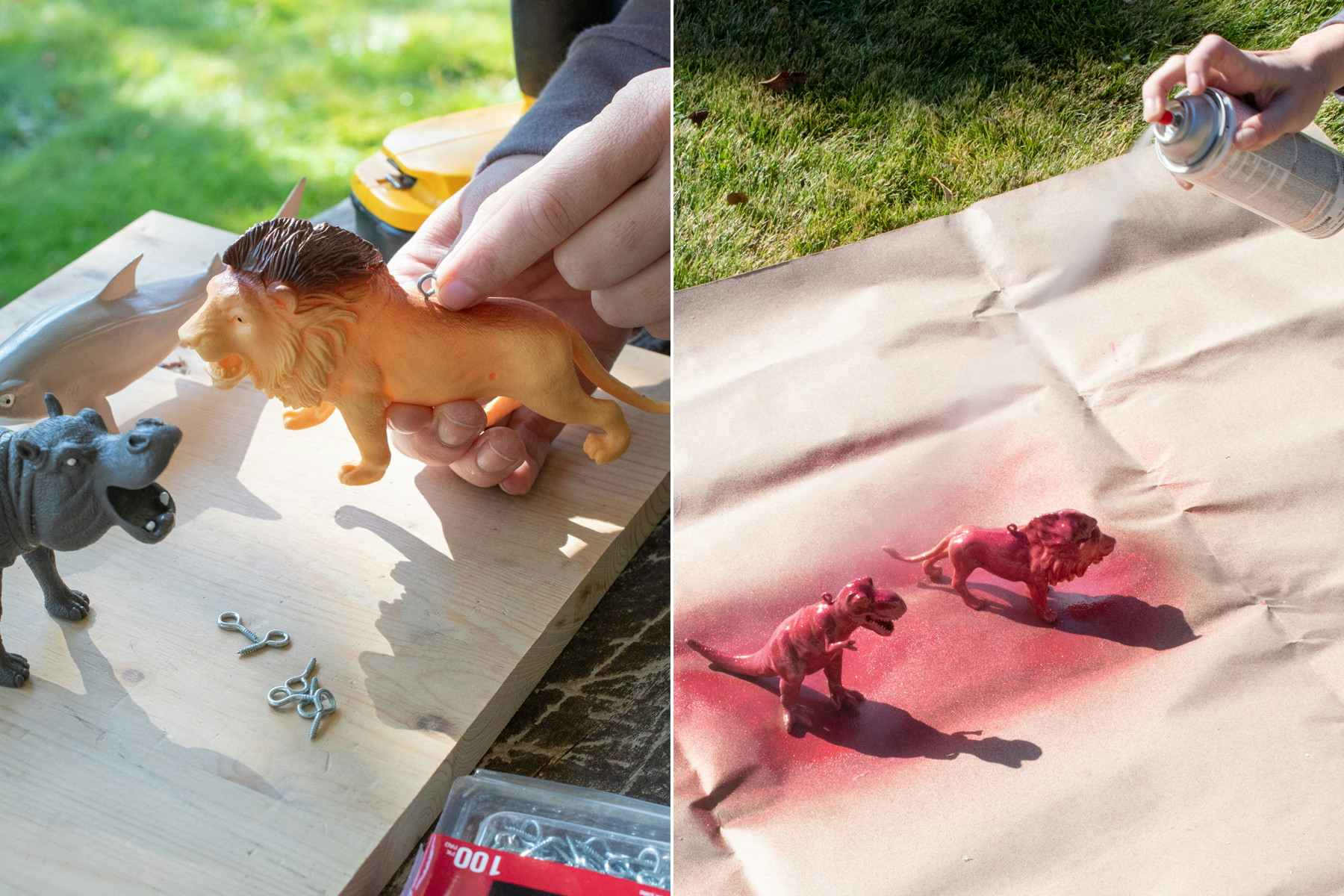 someone putting a screw into the back of a toy lion and spray painting it red
