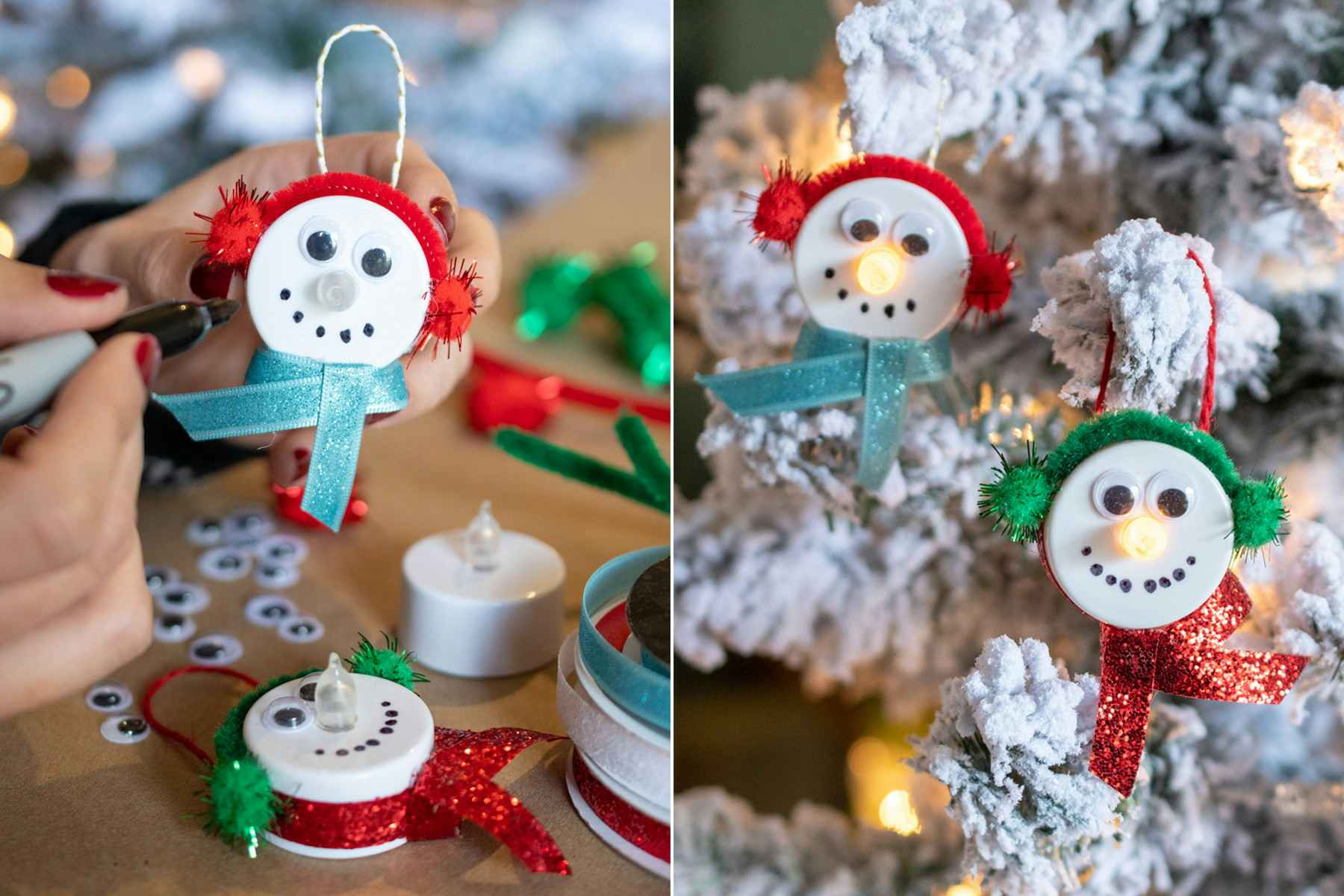 someone drawing a face on a fake candle and hanging snowman fake candles on a tree