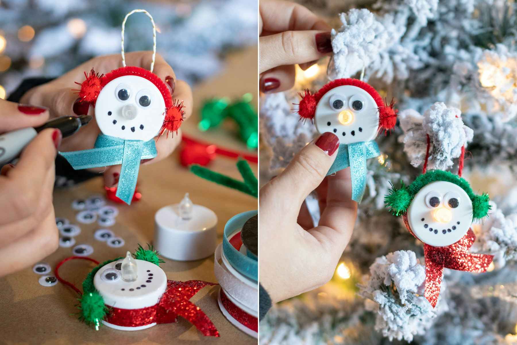 A person making little snowmen out of no flame tea light candles and hanging them on a Christmas tree.