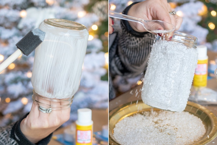 someone painting mason jar with modge podge and pouring epsom salt on it
