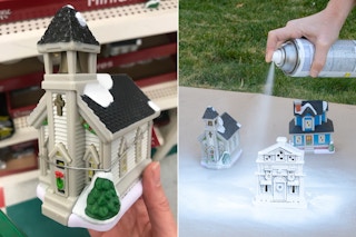 dollar tree village piece and someone spray painting them