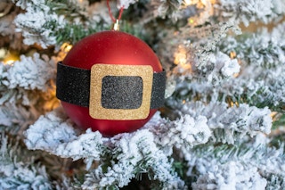 red ornament with a belt on a tree