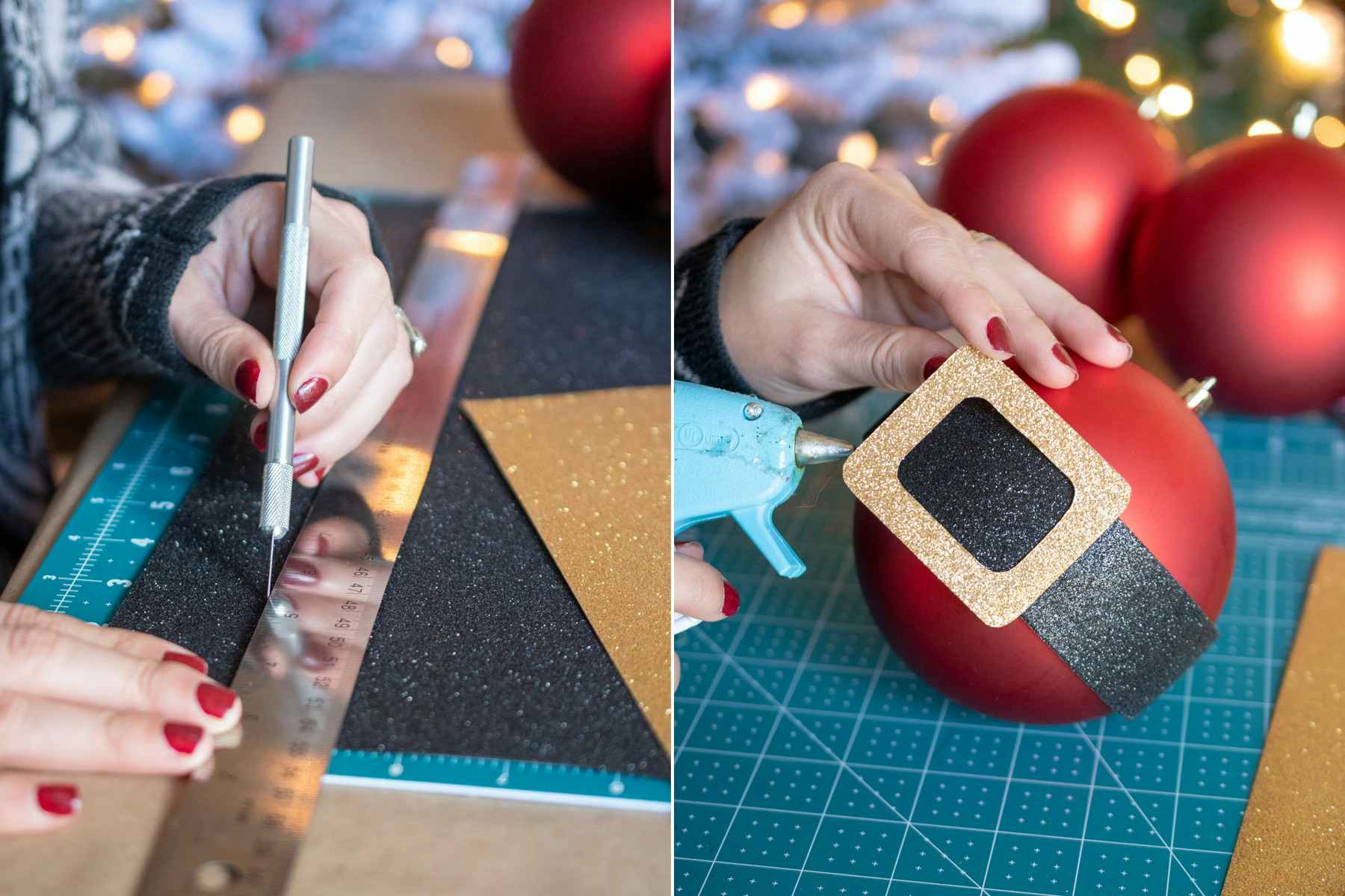 someone cutting out a black ribbon and gluing it on a red ornament to make a belt