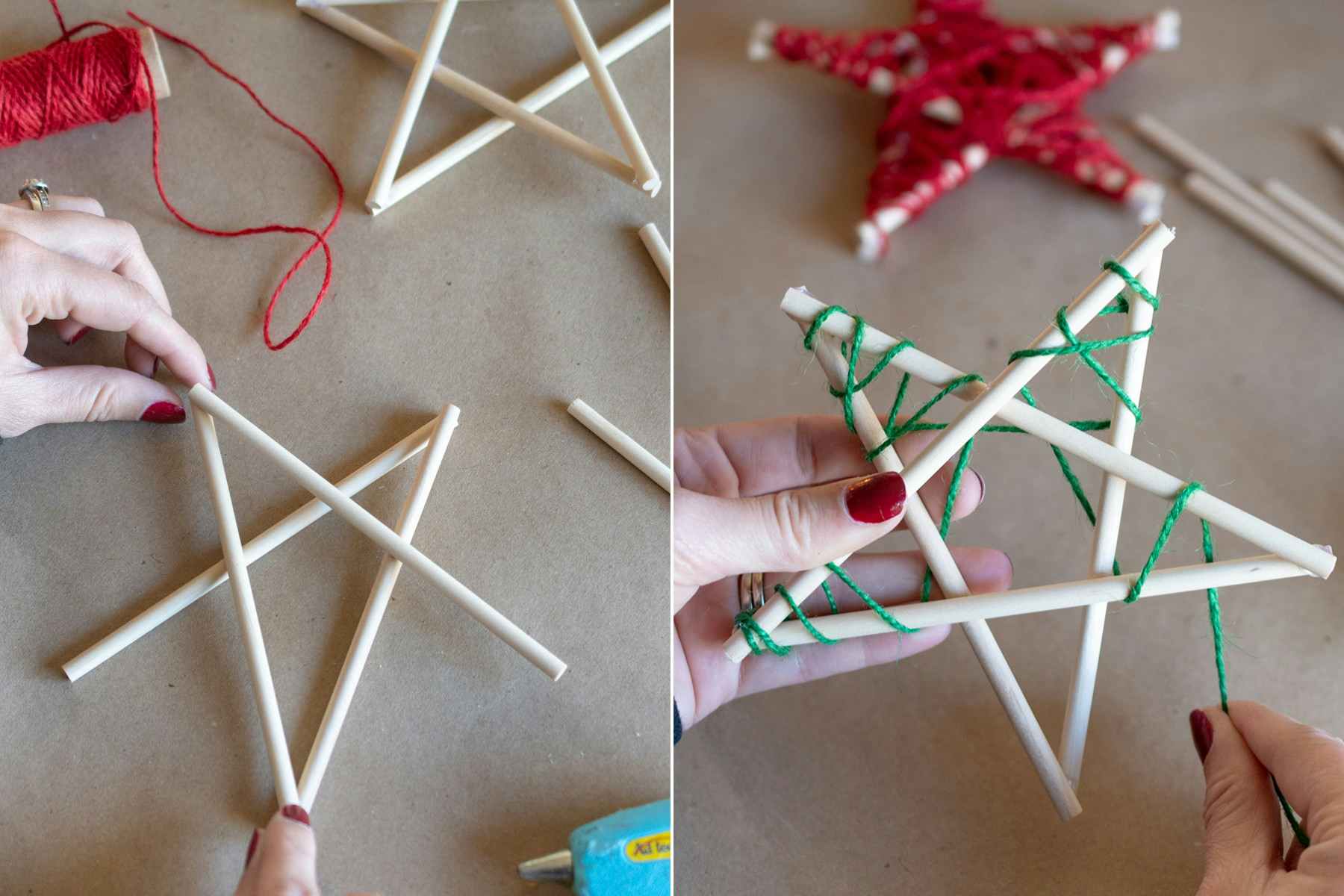 someone gluing wood together to make a star and putting string on it