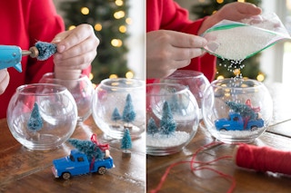 someone gluing fake tree to inside of a glass and pouring styrofoam beads in it