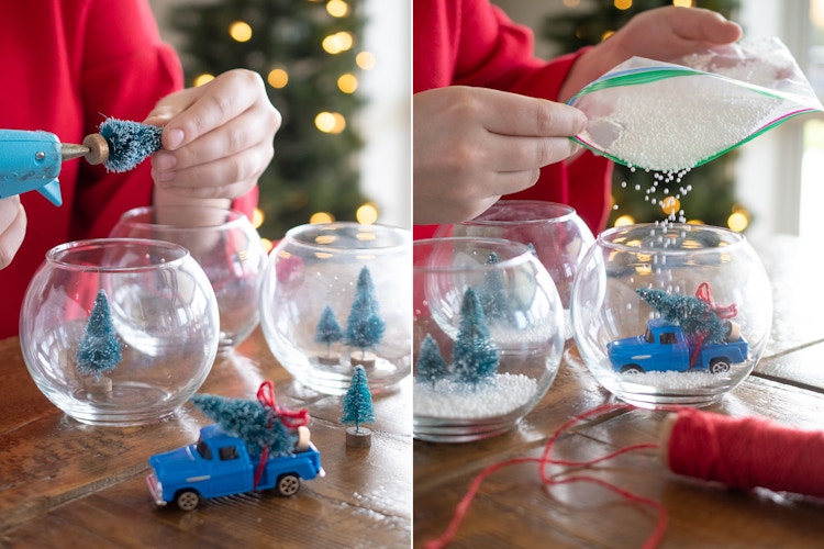 someone gluing fake tree to inside of a glass and pouring styrofoam beads in it