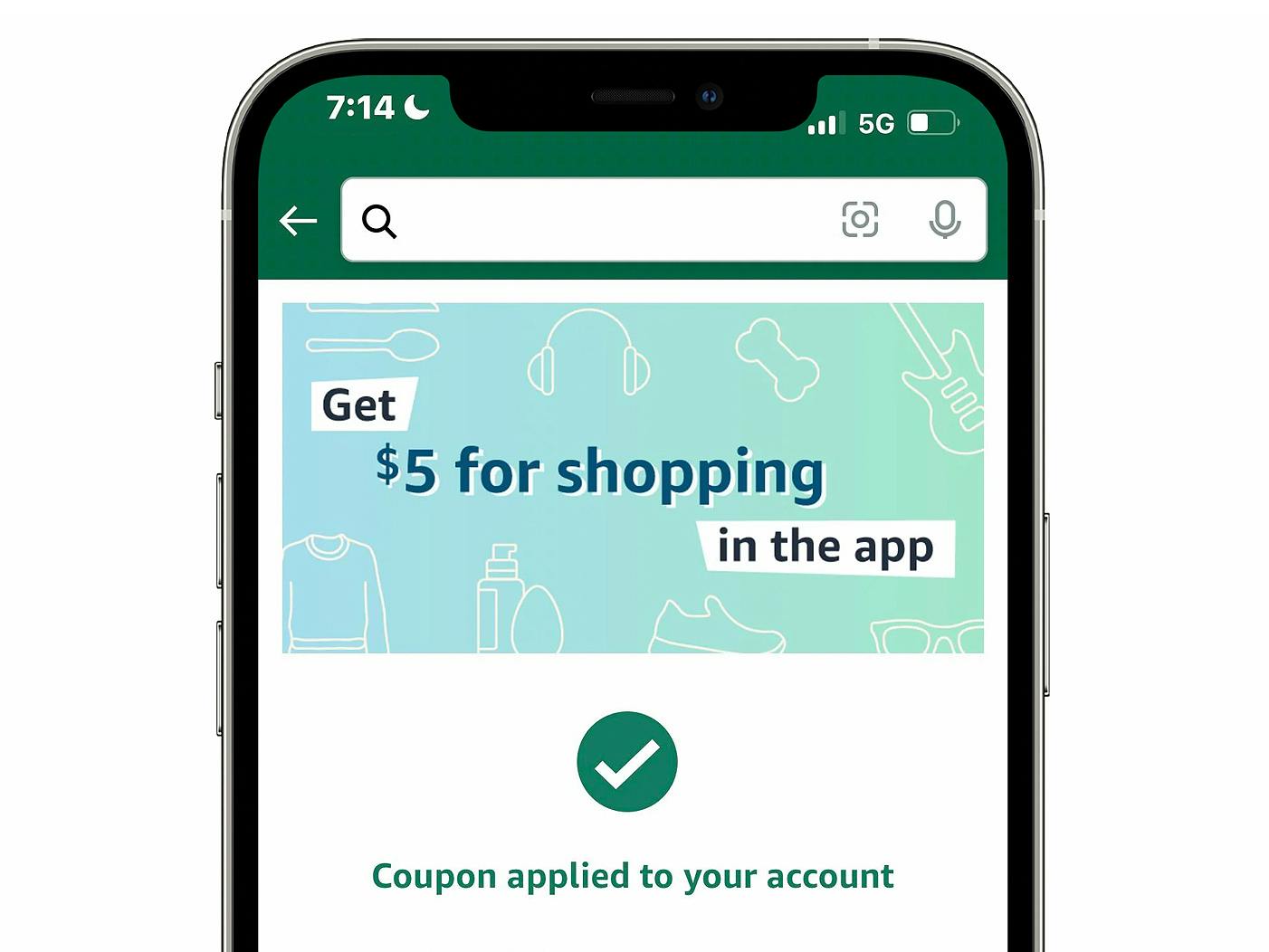 iphone screenshot showing an activated five dollar coupon for shopping in the amazon app