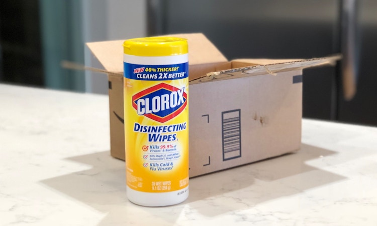 Clorox wipes next to amazon box