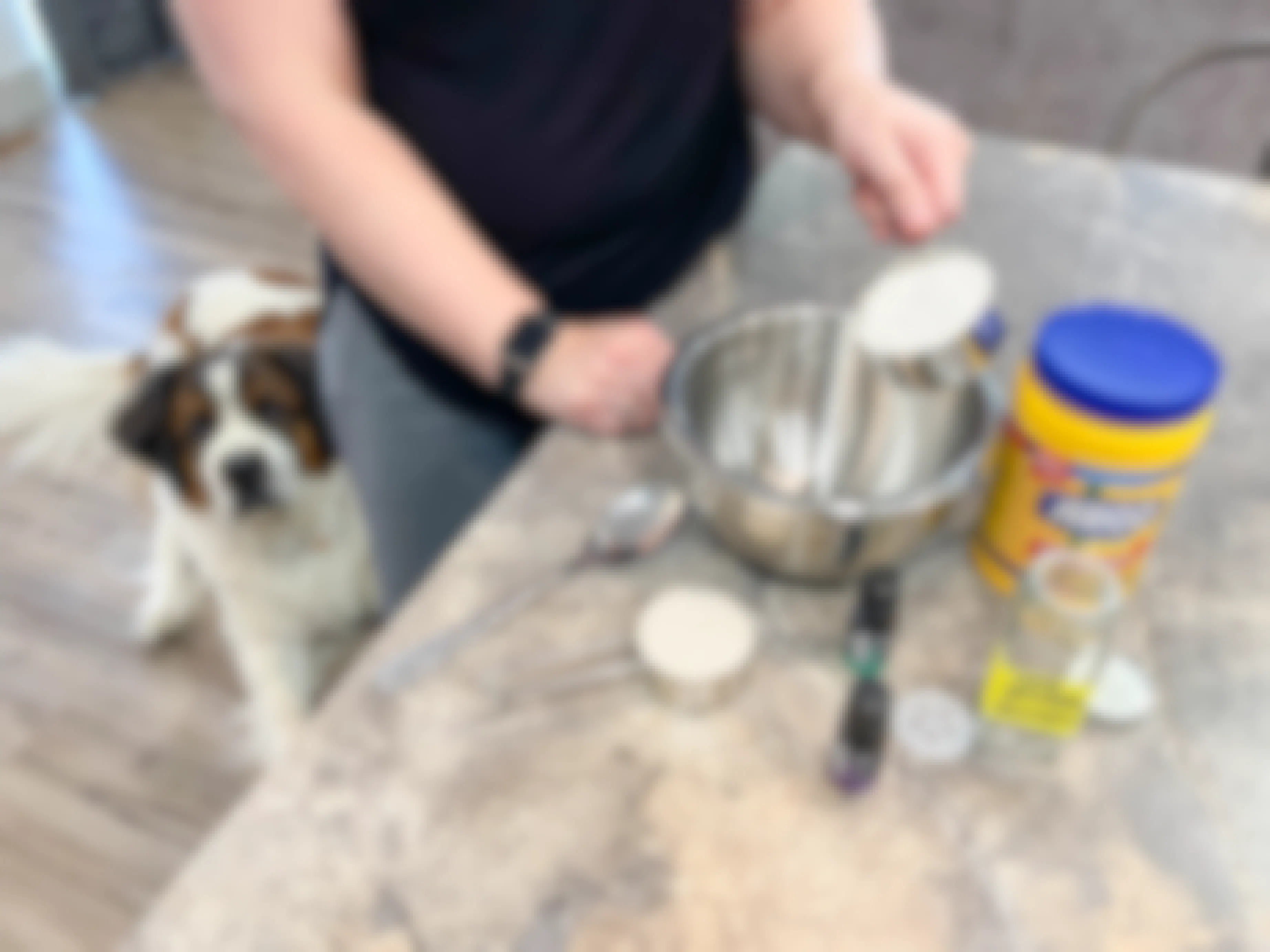 A person putting ingredients for the DIY Dog Oatmeal Shampoo into a metal mixing bowl that is sitting on their kitchen counter next to more of the ingredients. A dog is just behind the person, peering out.