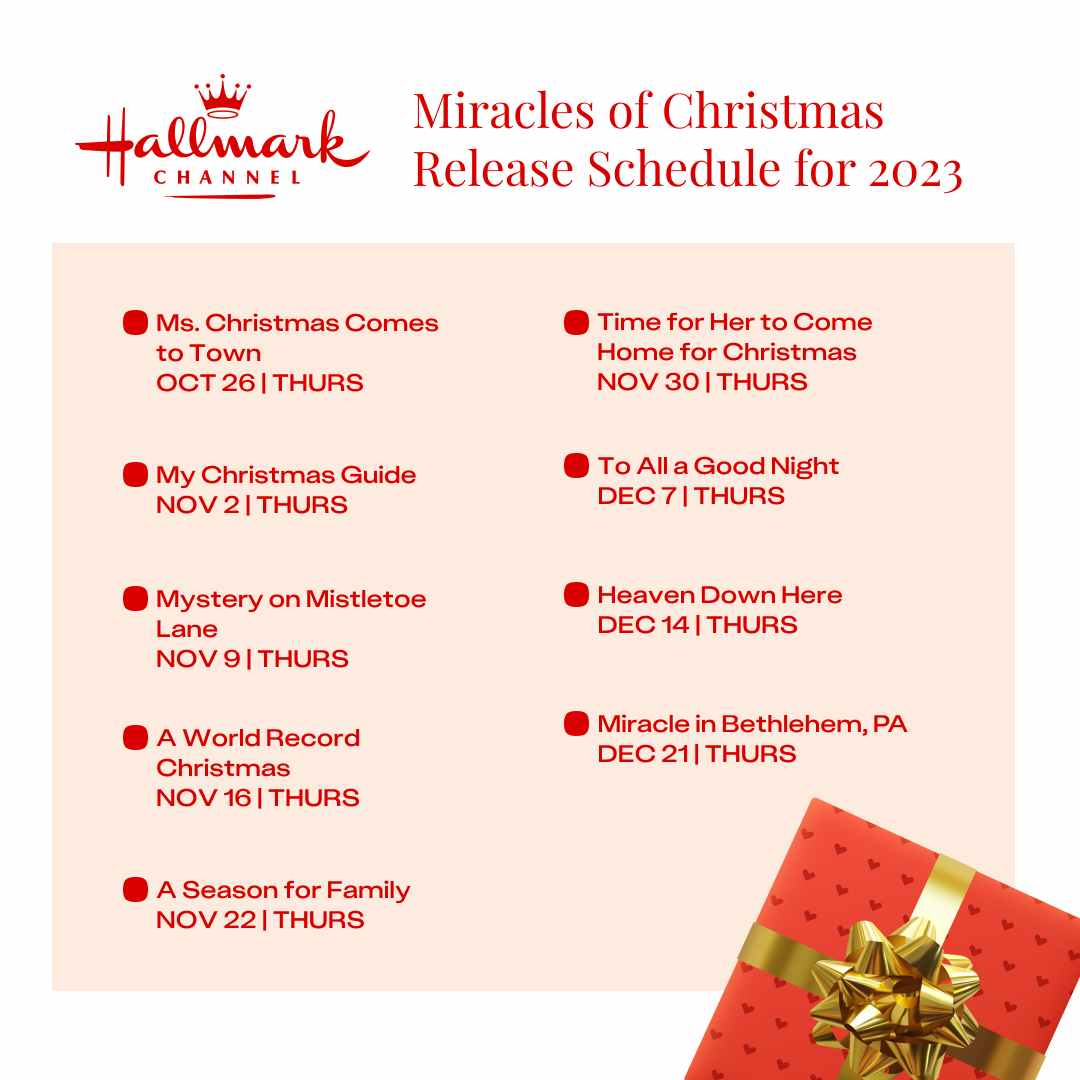 a schedule of all the Hallmark holiday miracles of christmas movies coming out for 2023