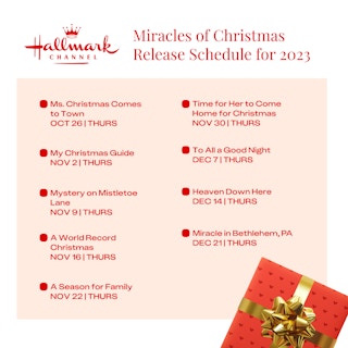 a schedule of all the Hallmark holiday miracles of christmas movies coming out for 2023