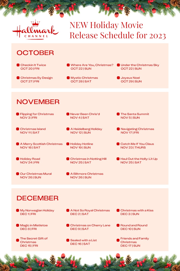a schedule of all the Hallmark holiday movies coming out for 2023