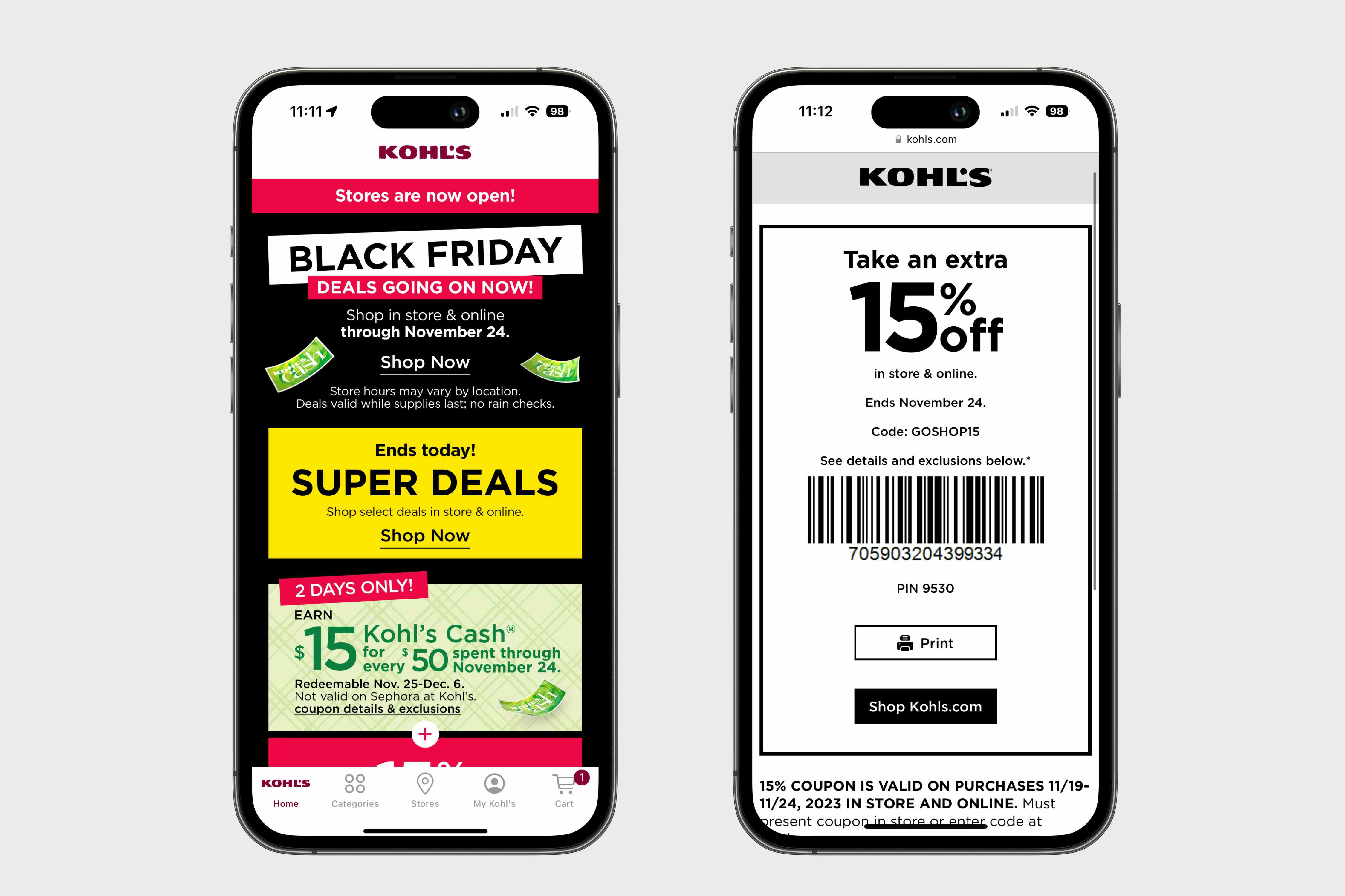 kohls black friday on the app and a coupon for 15% off