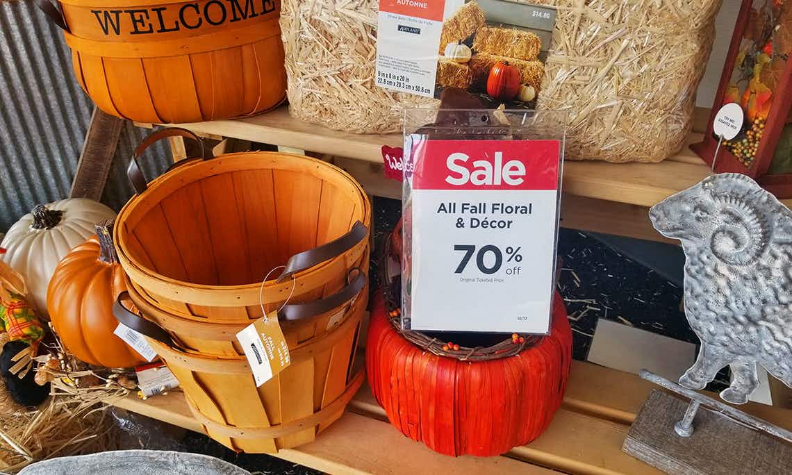 Michaels fall decor display with a 70% off fall decor sign.