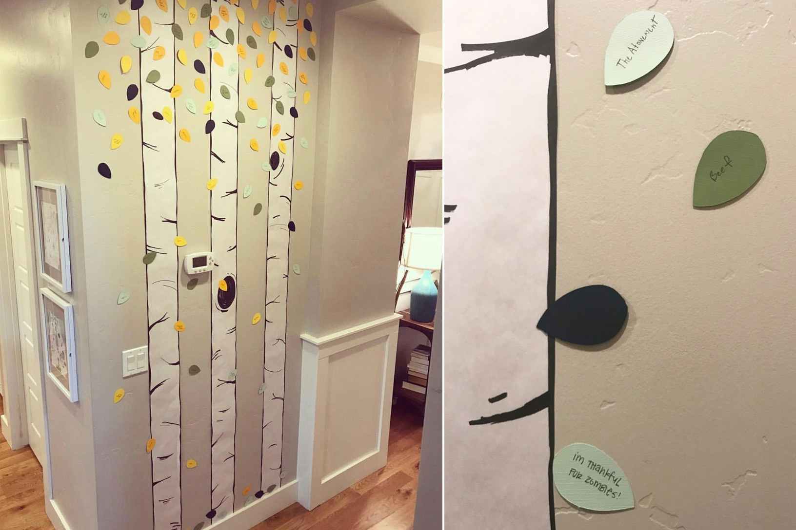 diy paper tree on wall with thankful messages on leaves 