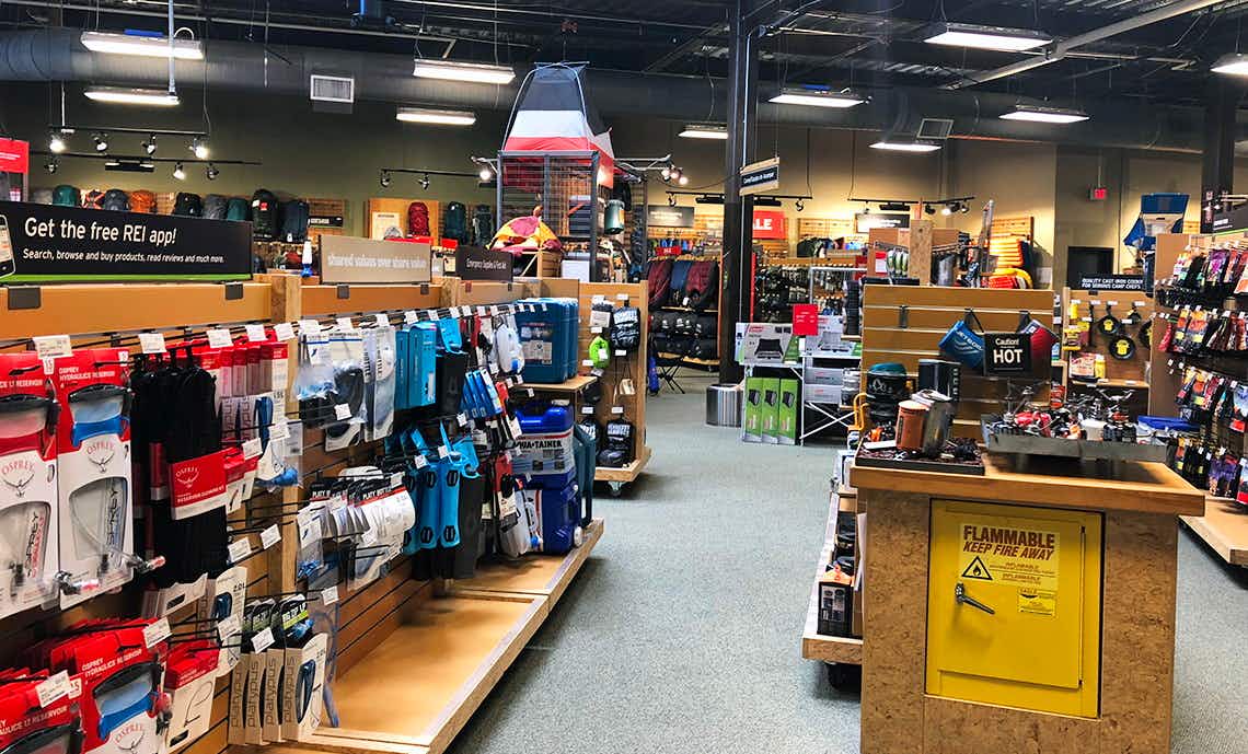 The camping gear section inside of REI.