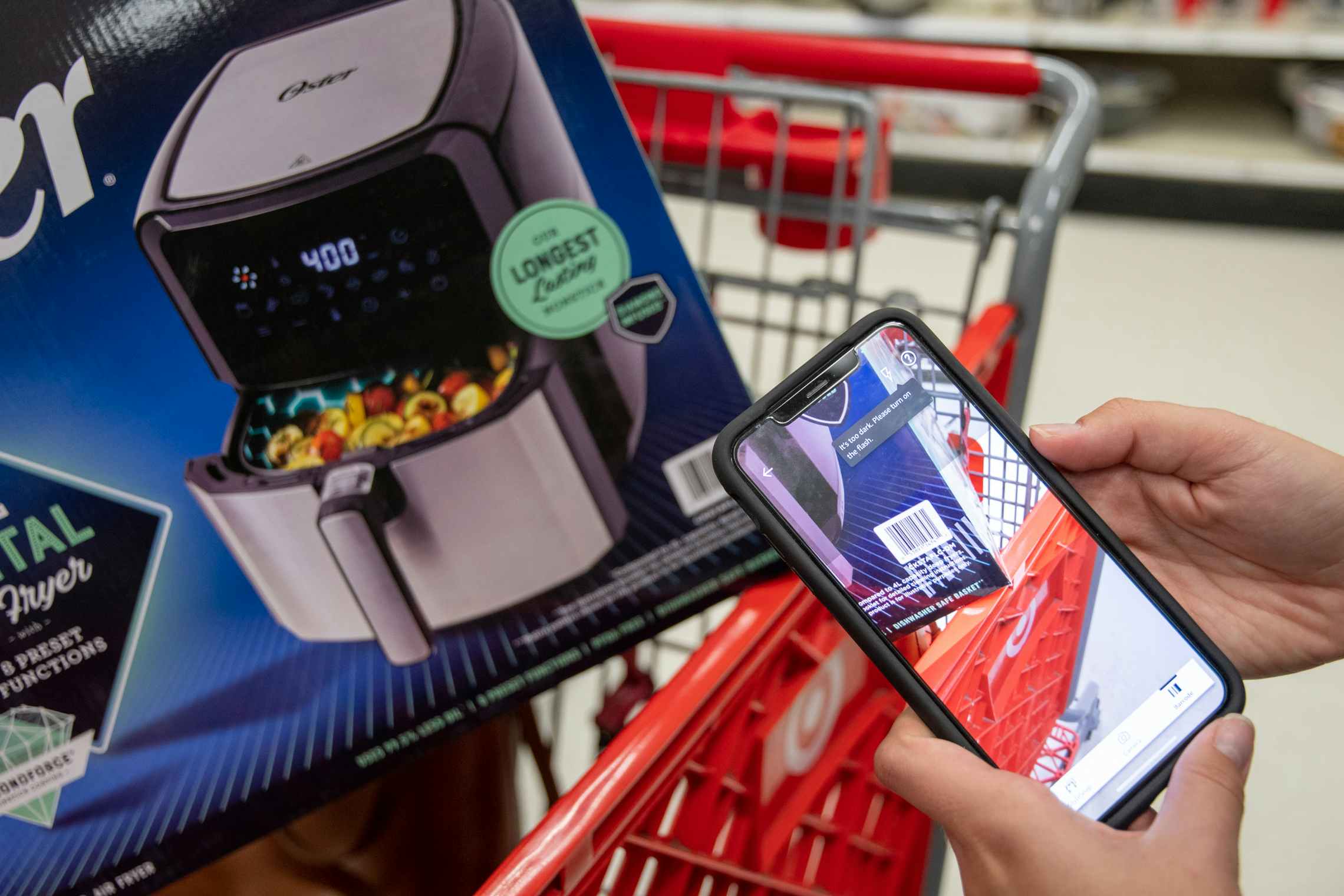 Person scanning an Air Fryer at Target with the Amazon App
