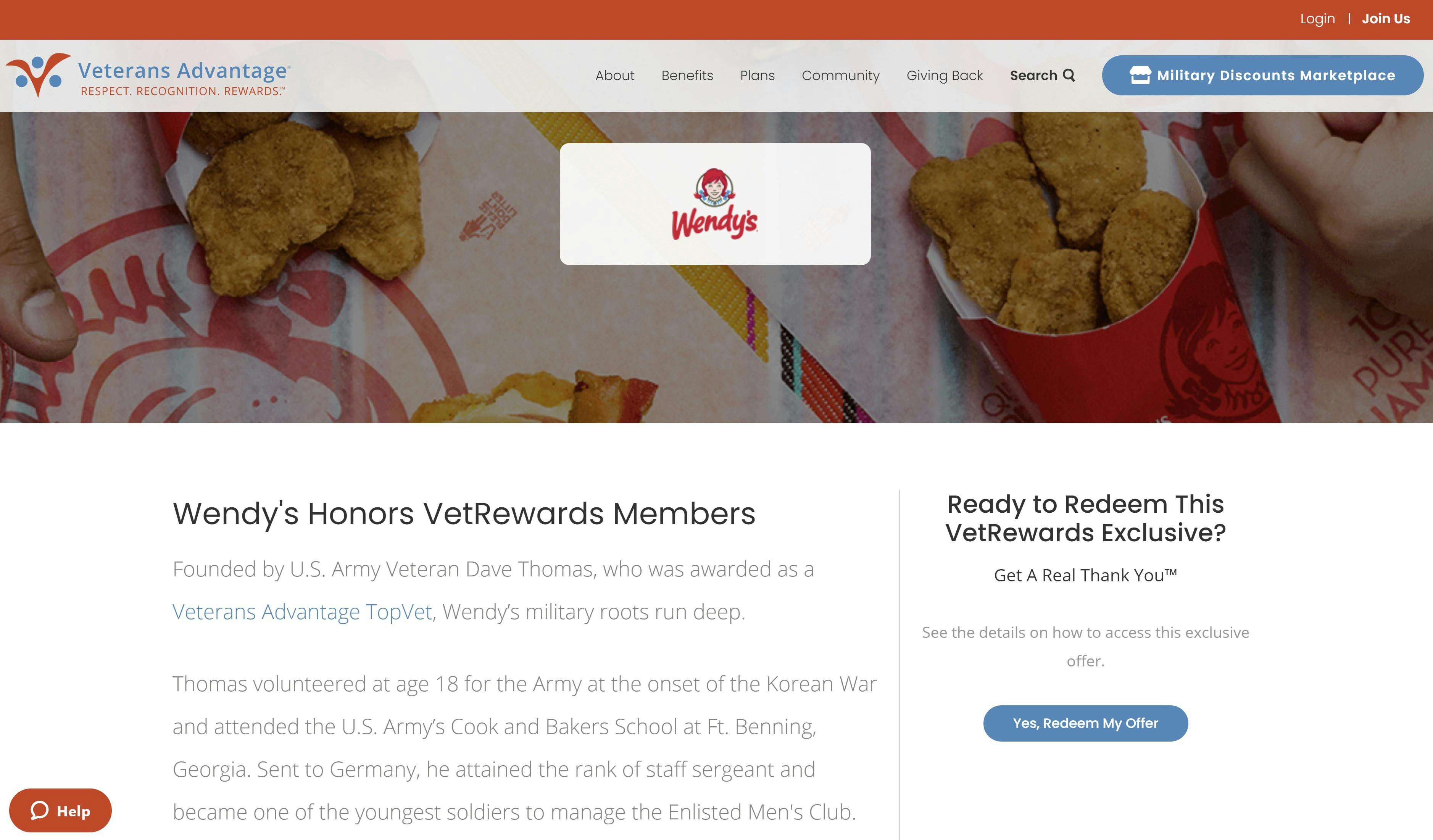 A screenshot from the Wendy's website explaining the Veterans Advantage VetRewards.