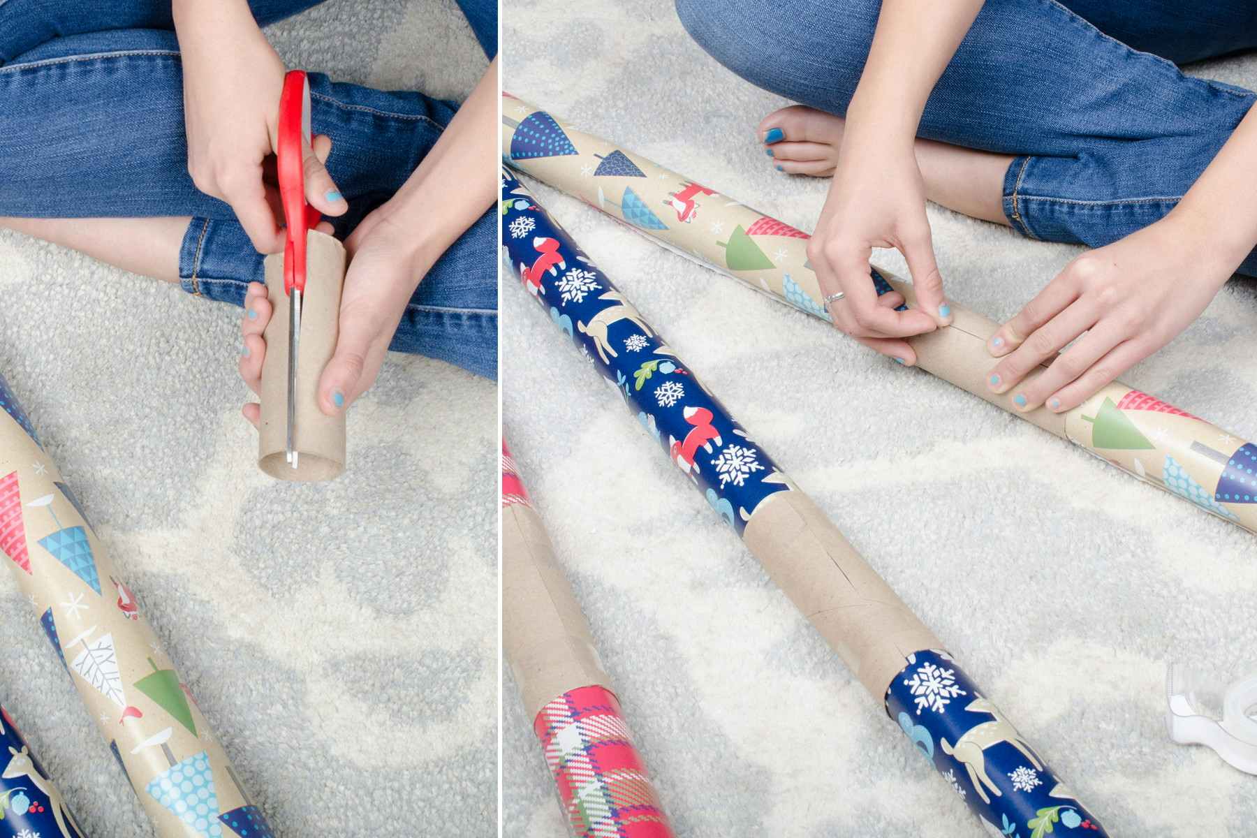 A toilet paper roll being cut and tapped around a roll of wrapping paper