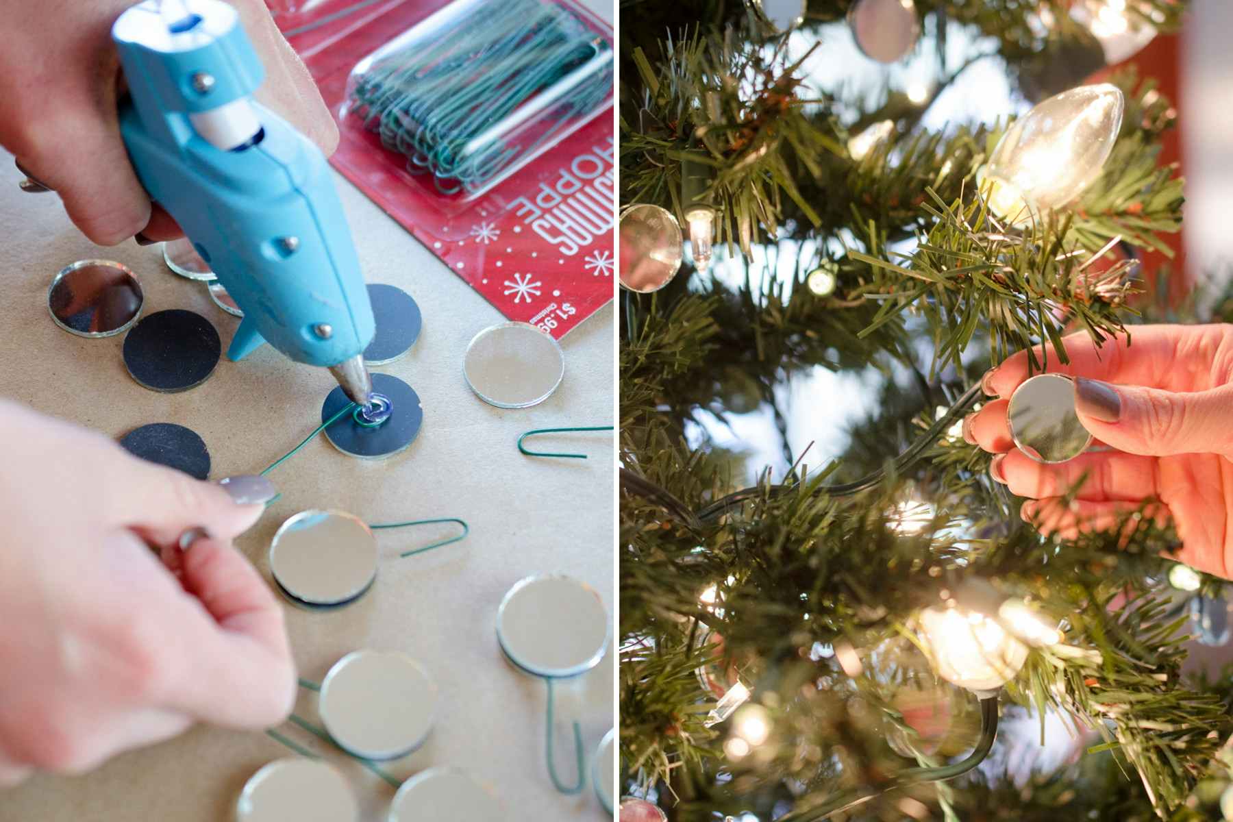 A person gluing ornament hooks to the back of small round mirrors and putting them in a tree. 
