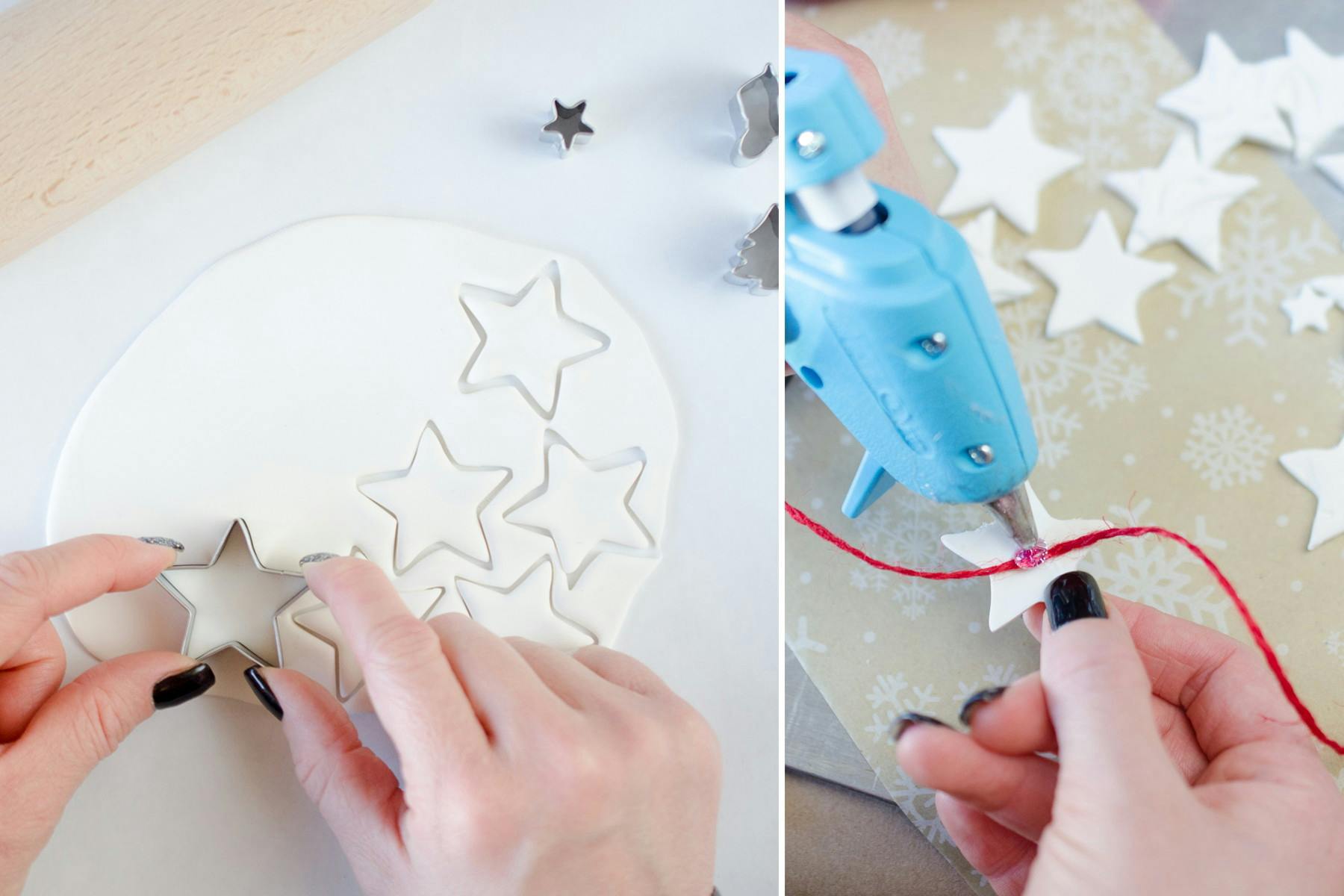 Model Magic clay cut into stars, attached onto a Christmas package. 
