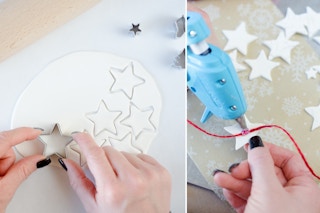 Model Magic clay cut into stars, attached onto a Christmas package. 
