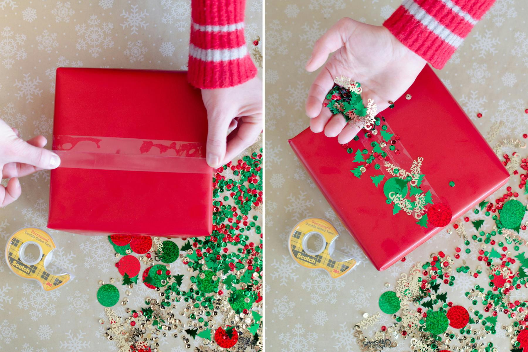 A gift box with double sided tape on the front, having confetti sprinkled on it.