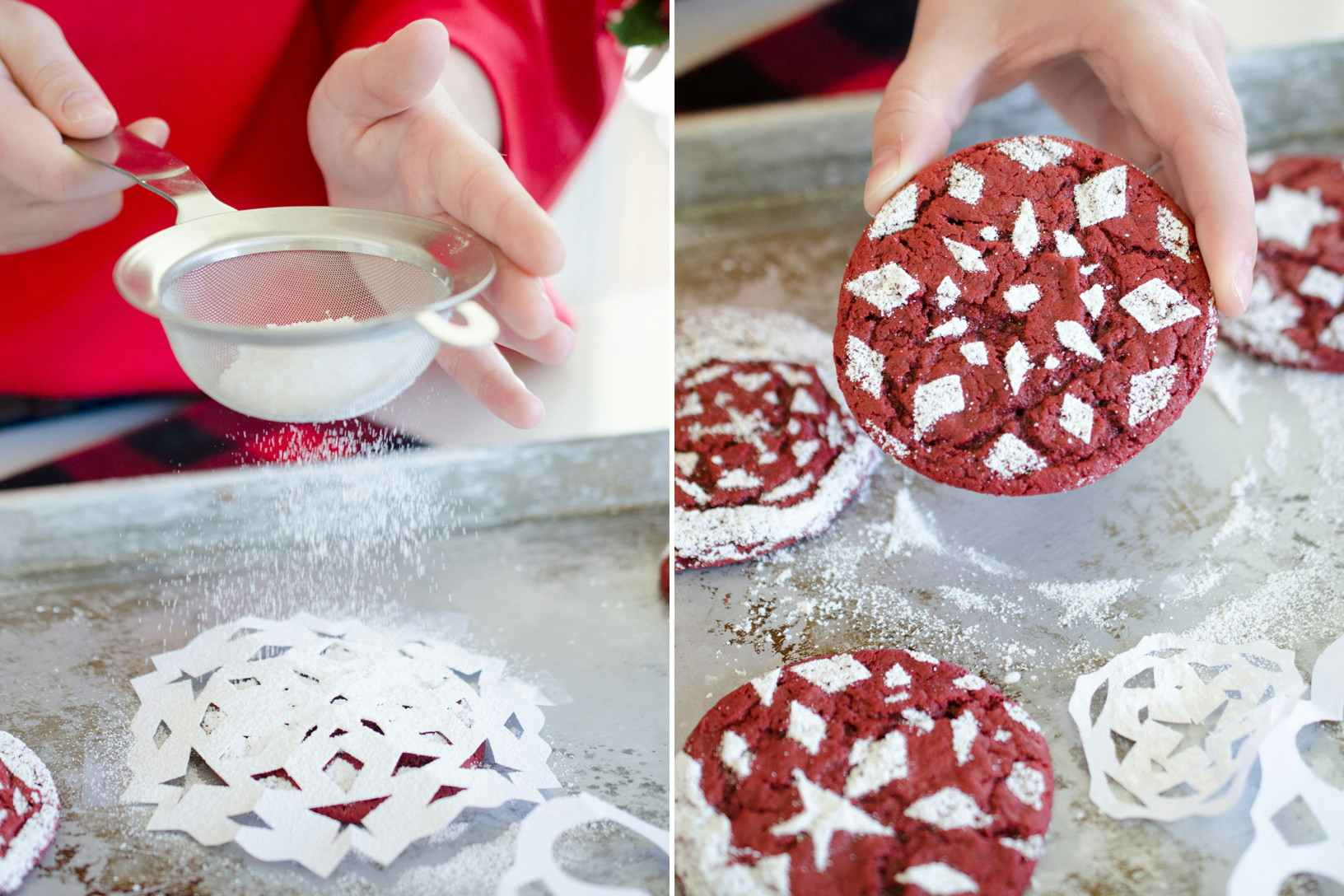 A person a snowflake as a stencil to dust a design of powdered sugar onto a cookie