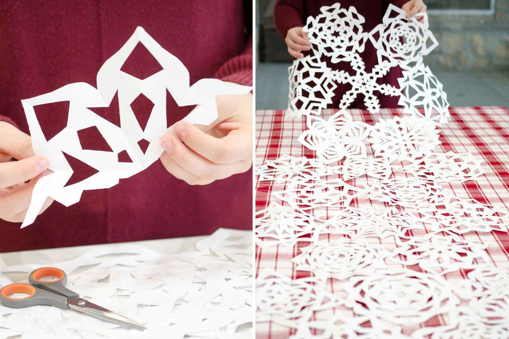 Paper Snowflakes attached together to make a table runner