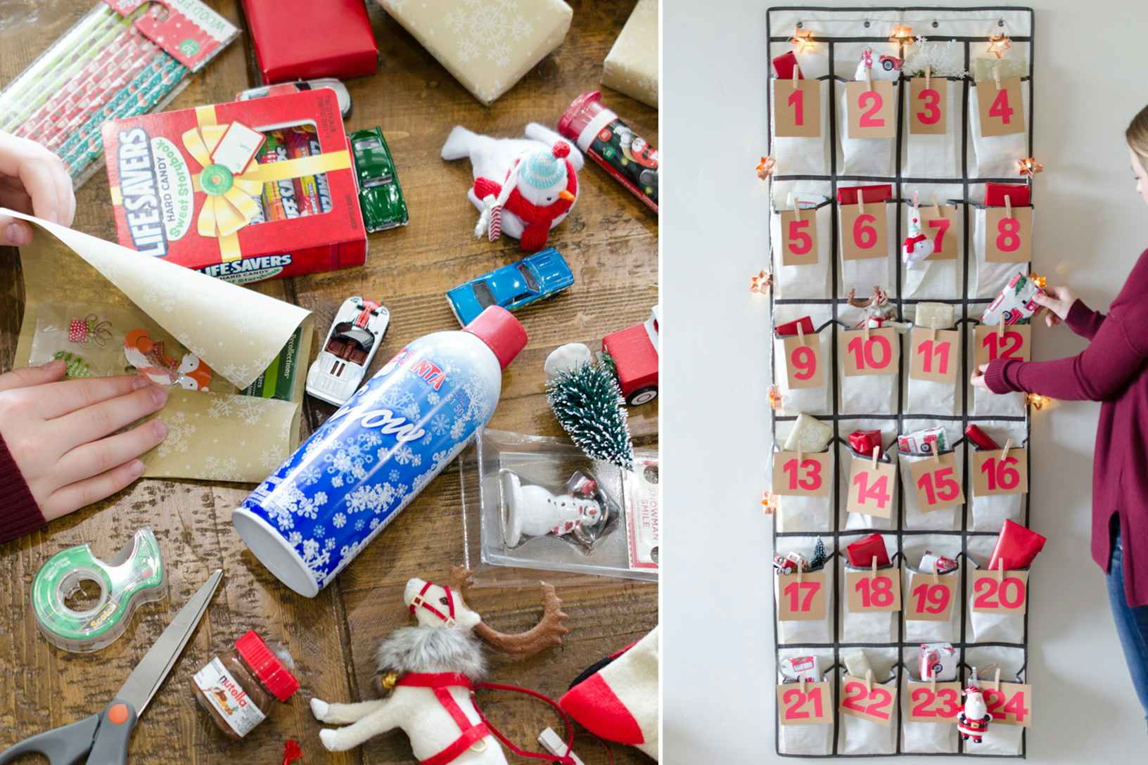 A person wrapping small gifts and putting them in the pockets of a hanging shoe organizer to make an advent calendar. 