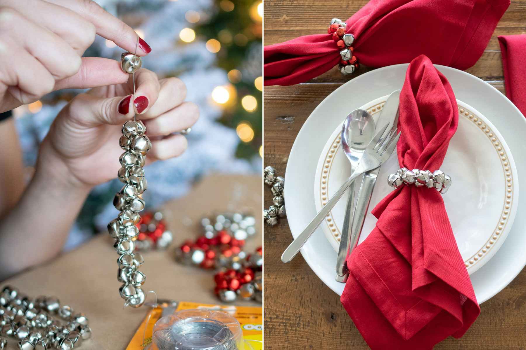 A person stringing jingle bells onto wire making a napkin ring.