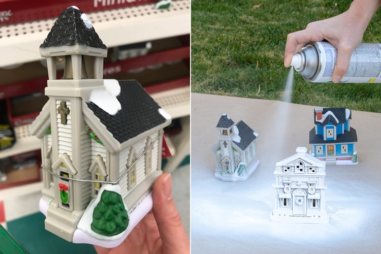 Dollar Tree plastic village buildings being spray painted white