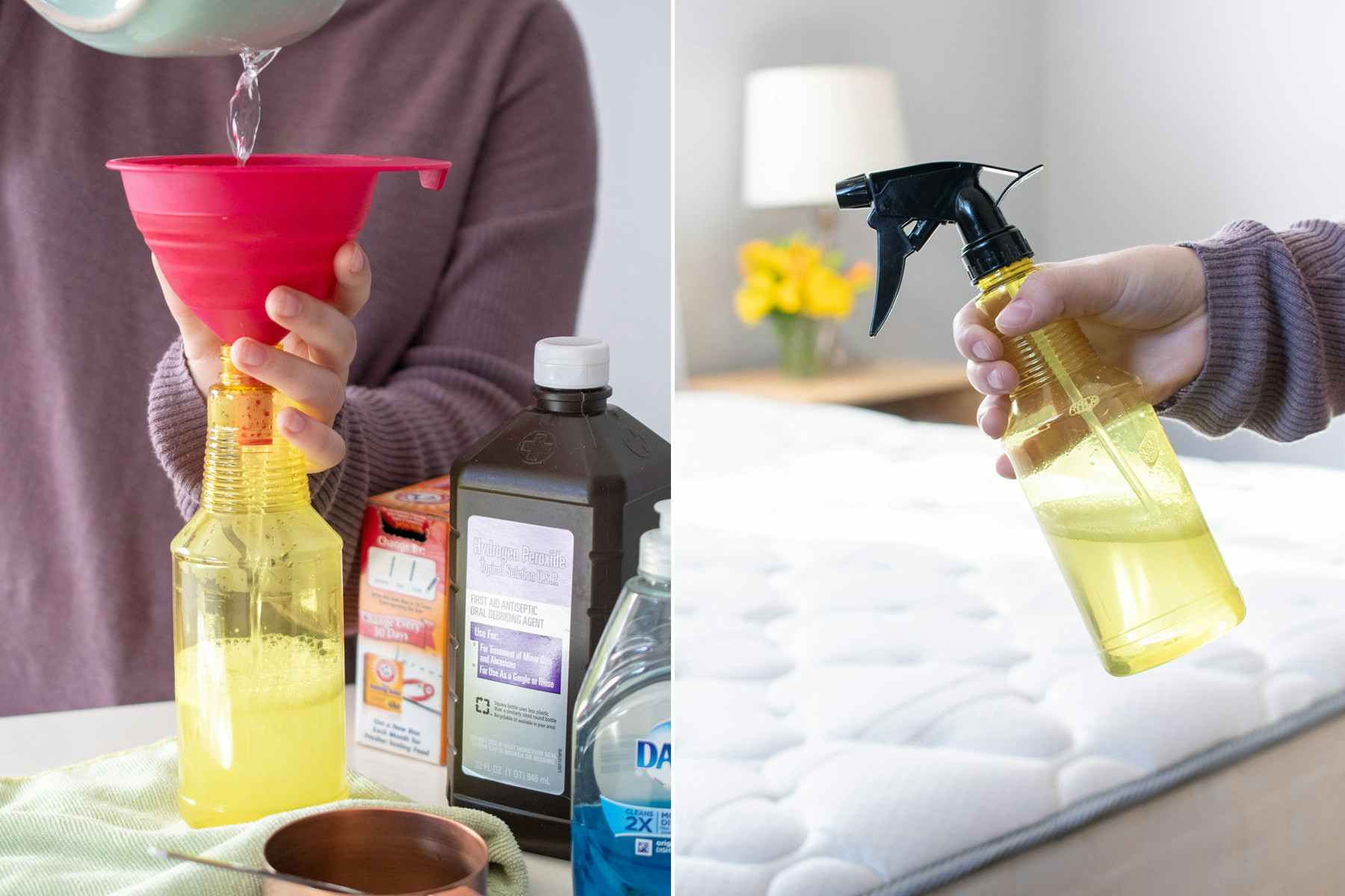 pouring cleaning solution into spray bottle with funnel near mattress