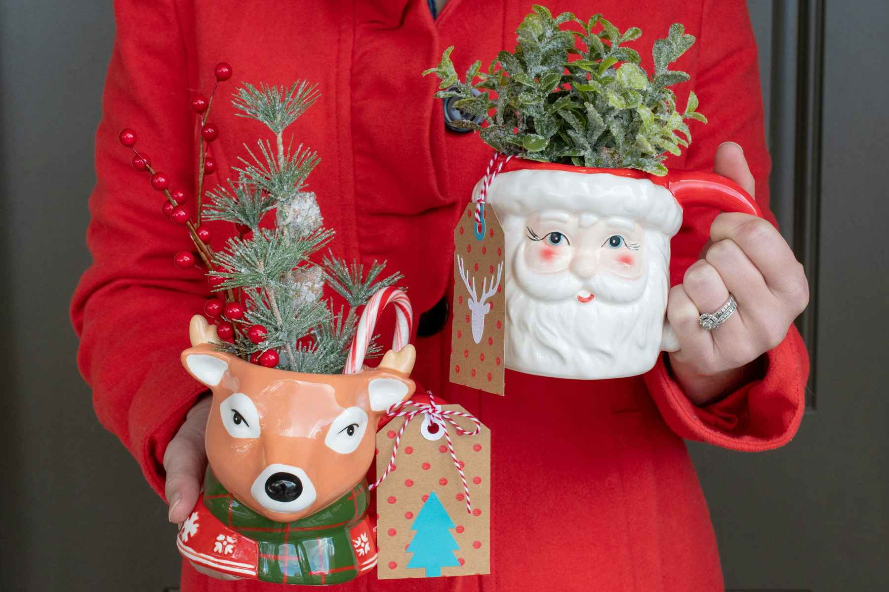 A person holding two Christmas mugs filled with greenery.