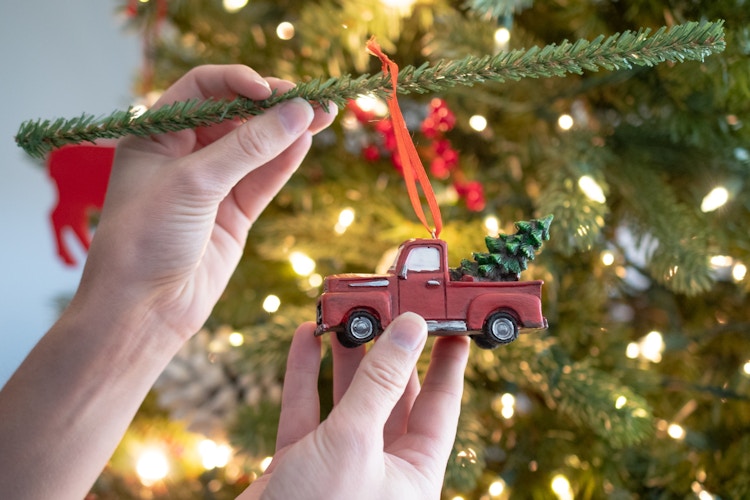 A person using an evergreen pipe cleaner to hang a heavy ornaments on a Christmas tree