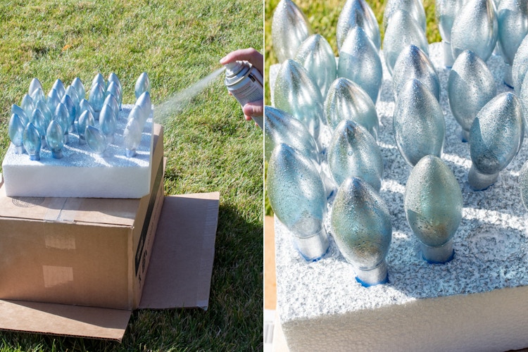 Christmas light bulbs spray painted with mirror paint.