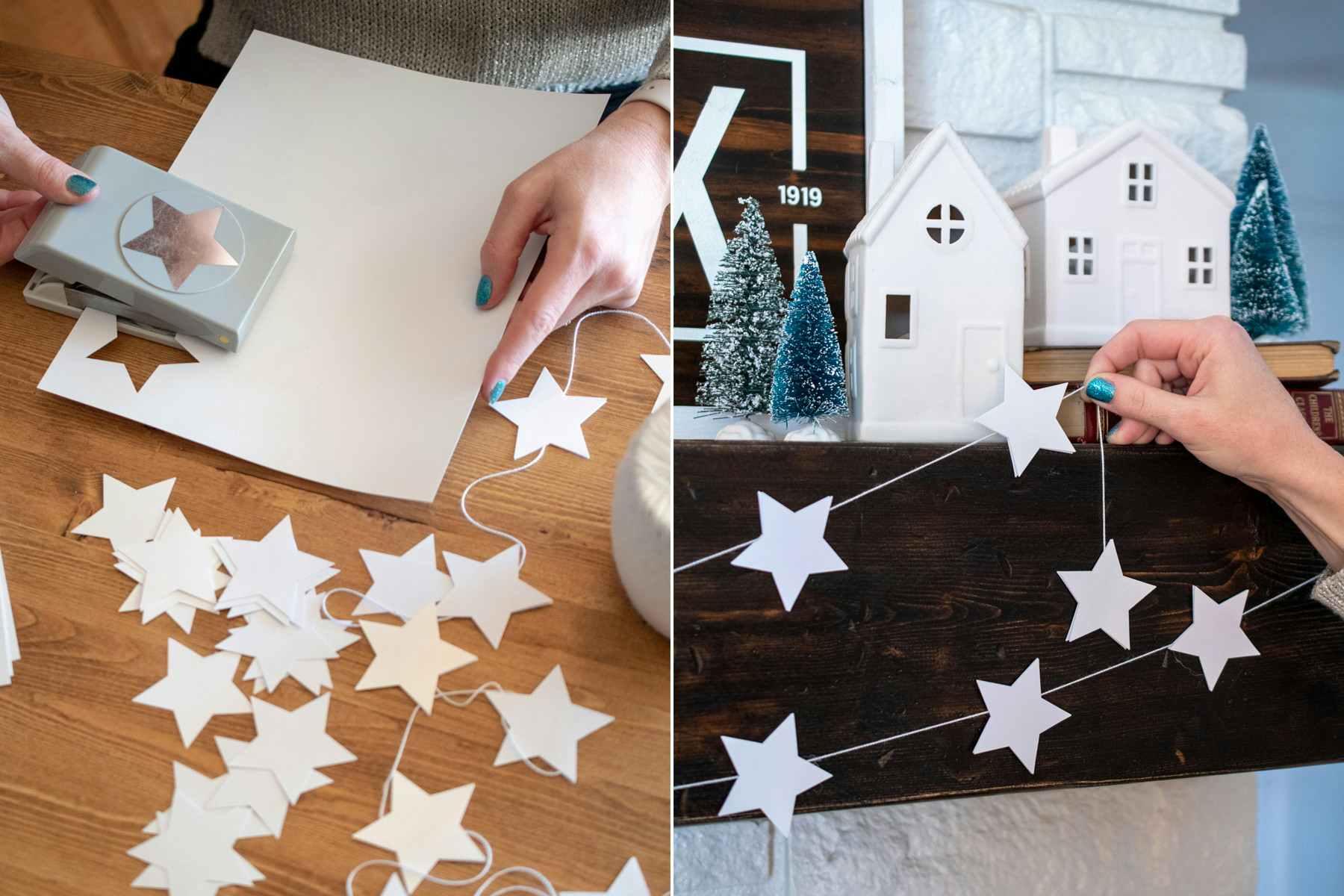 White paper stars being punched from a piece of paper and hung on a mantel with string.