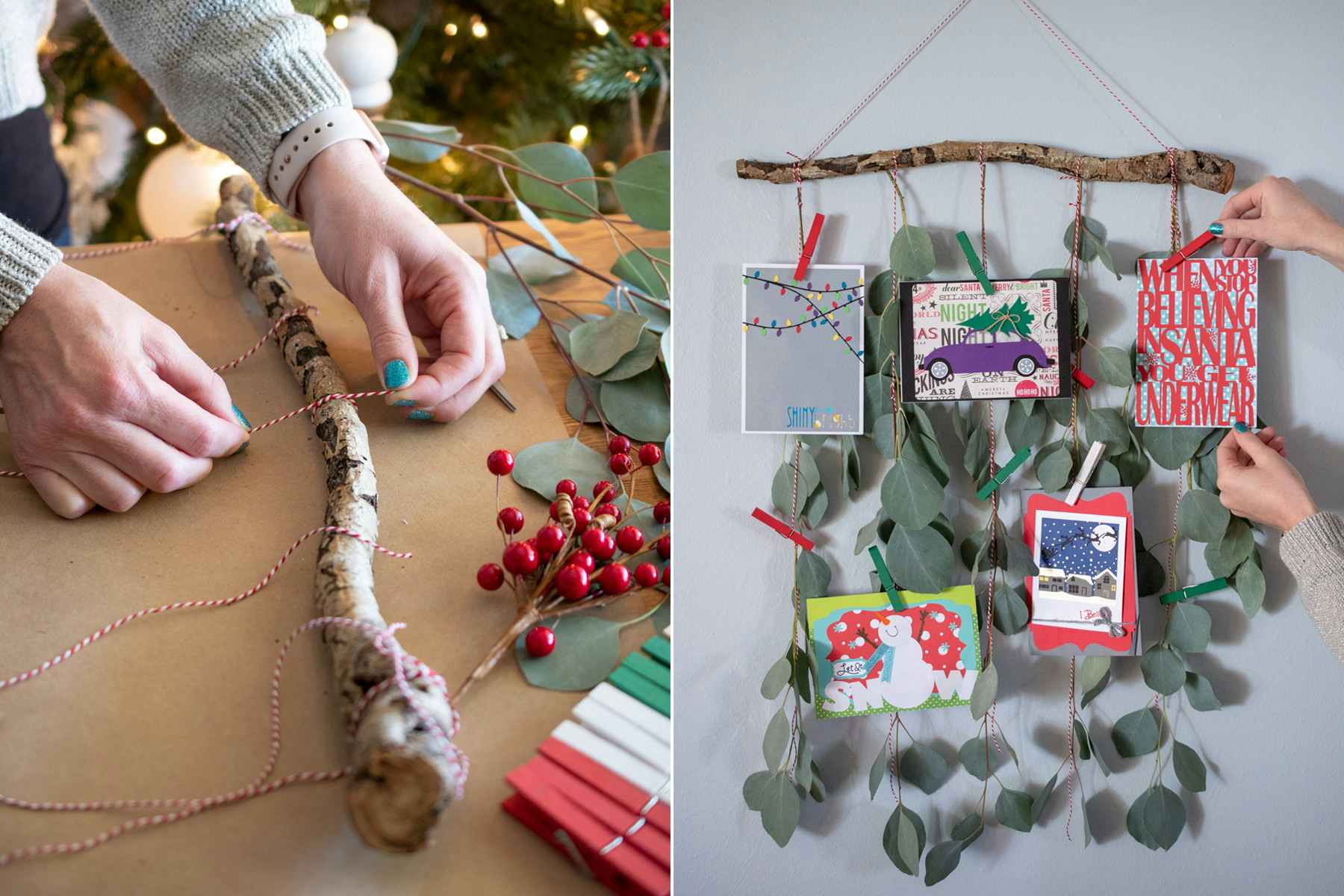 A person attaching string, greenery, and Christmas cards with colorful clothes pins to a stick.