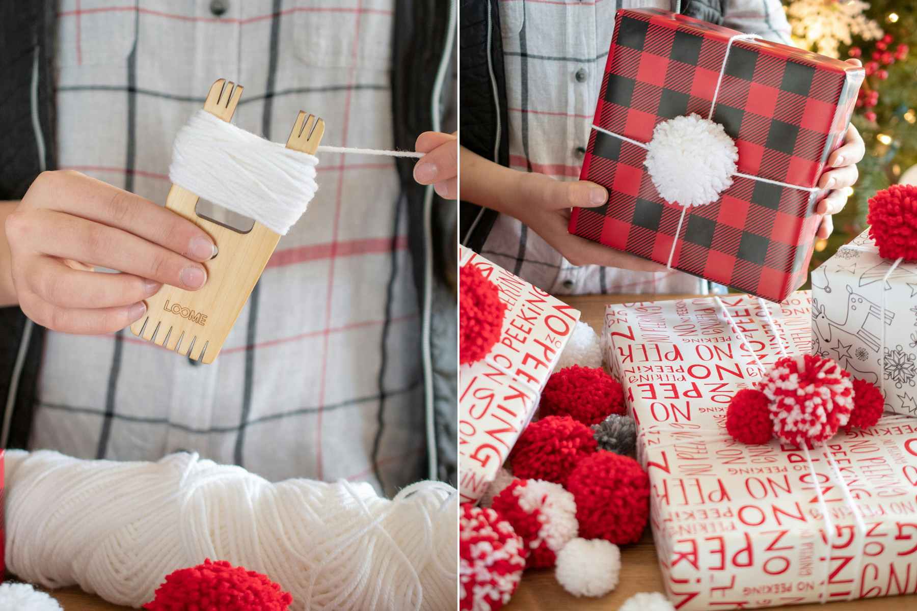 A person using a pom pom ball loom to make a yarn pom pom and the finished product on a gift box wrapped in Christmas wrapping paper. 