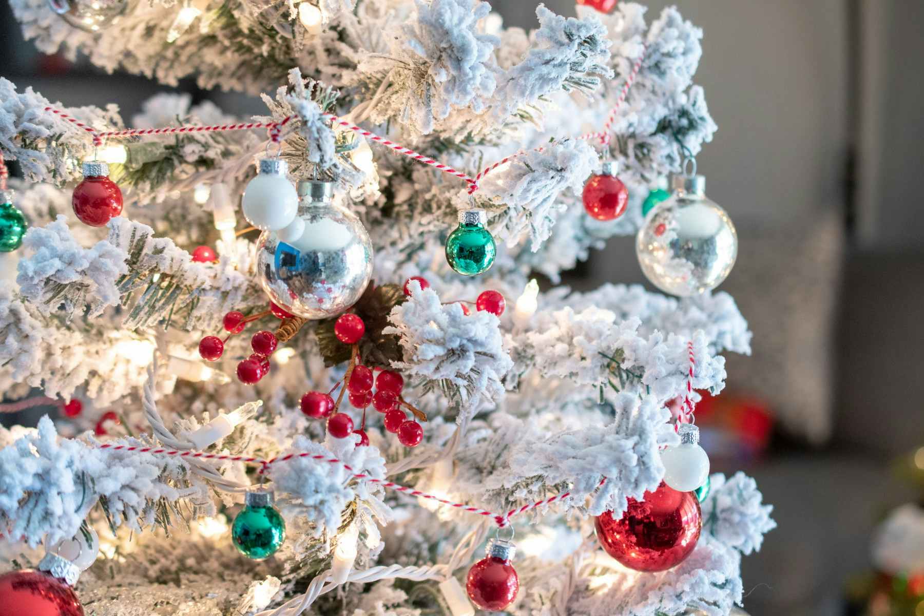 Small red, white, and green, hanging on a white flocked Christmas tree.