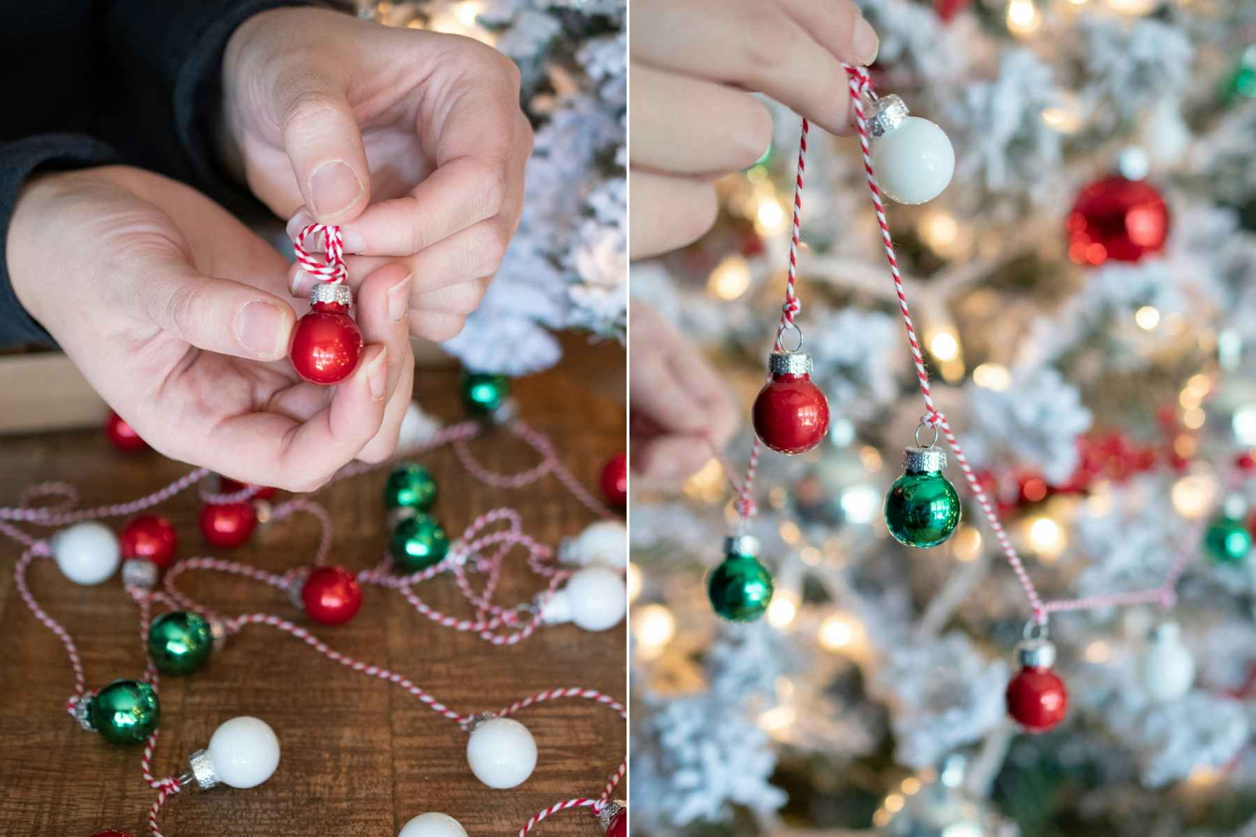 Small red, white, and green Christmas ornaments being tied onto bakers twine to make a tree garland.