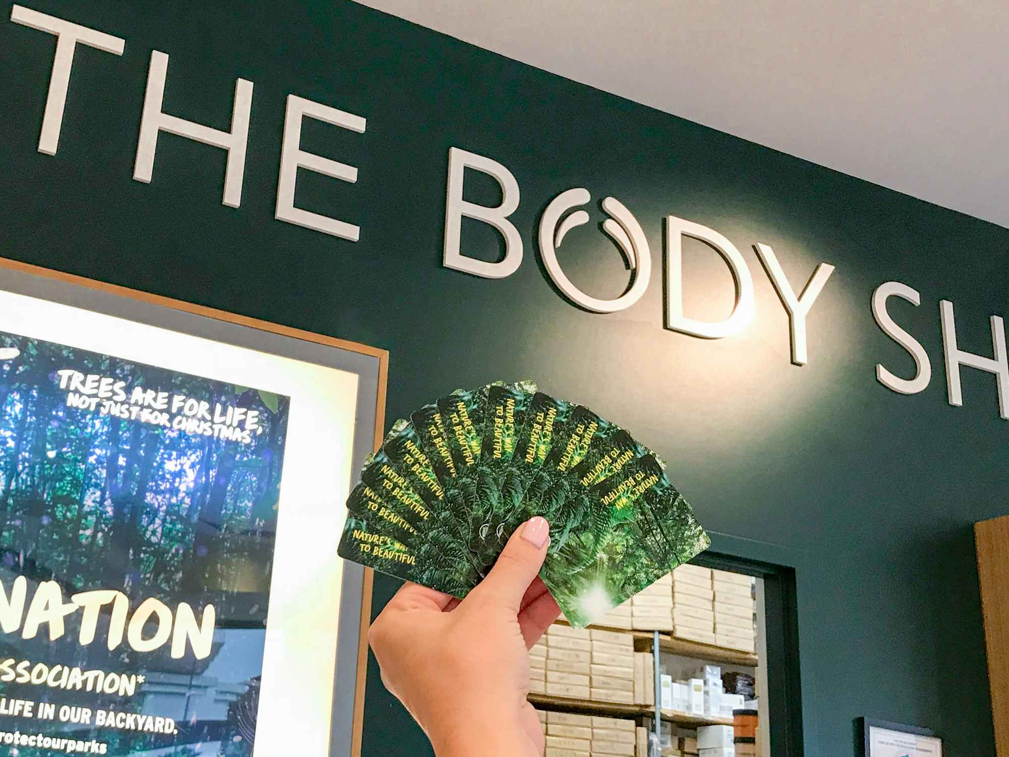 Someone holding up a bunch of The Body Shop gift cards