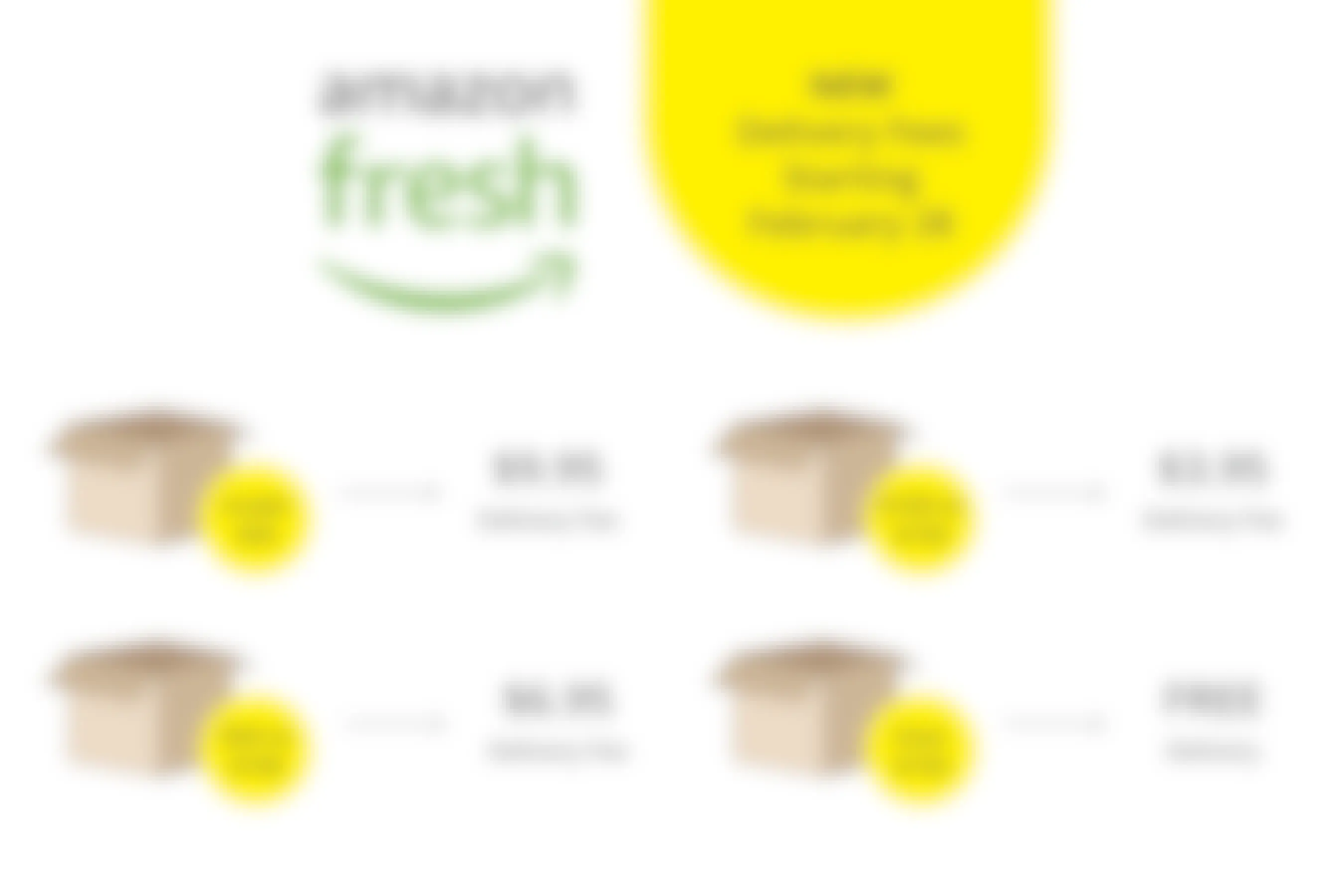 A graphic showing amazon fresh delivery fees starting February 28, 2023: Under $50: $9.95 delivery fee. $50 - $100: $6.95. Delivery fee. $100 - $150: $3.95. Delivery fee Over $150: Free.