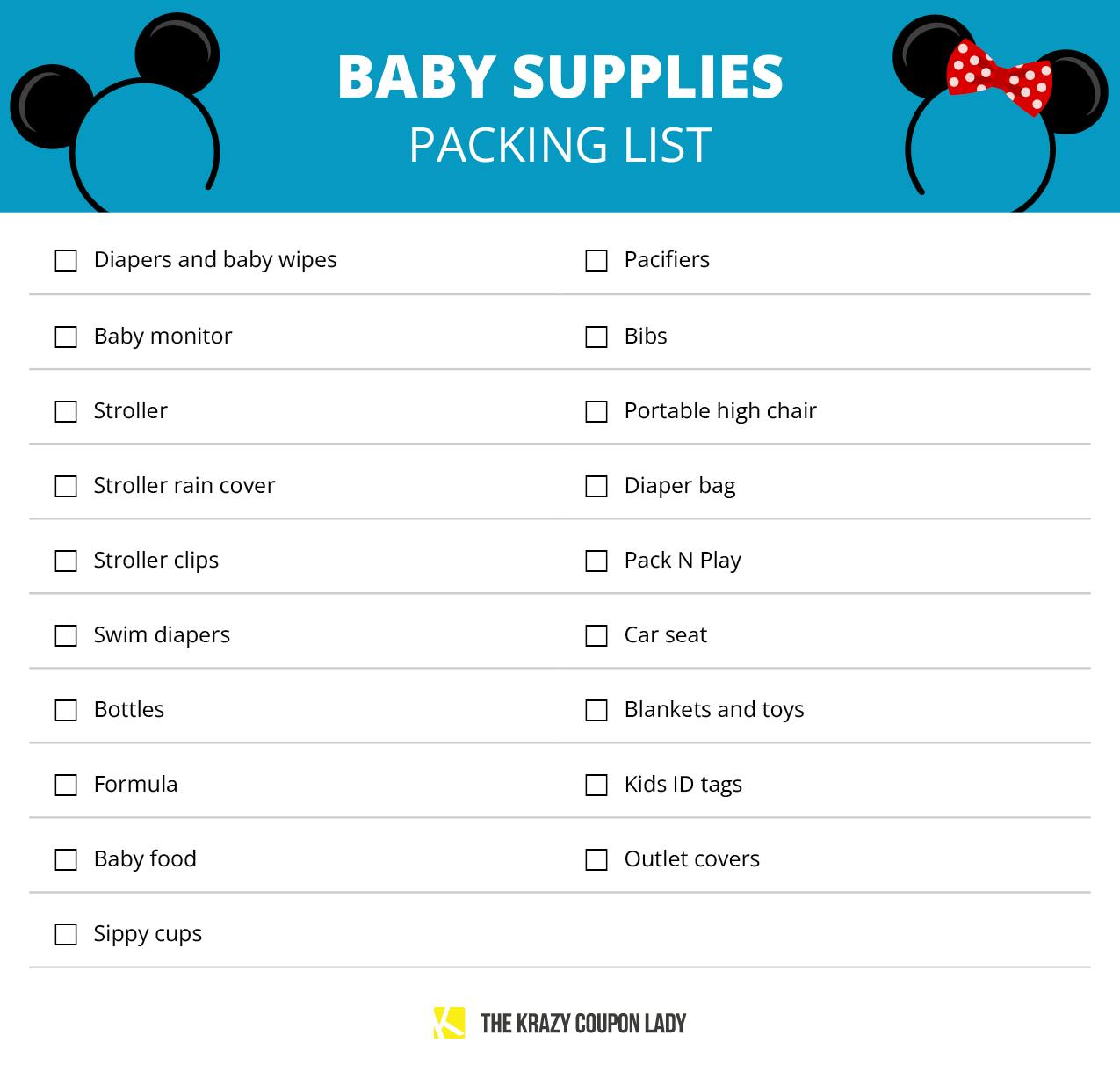 A graphic showing baby items to pack on a Disney vacation