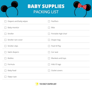 A graphic showing baby items to pack on a Disney vacation